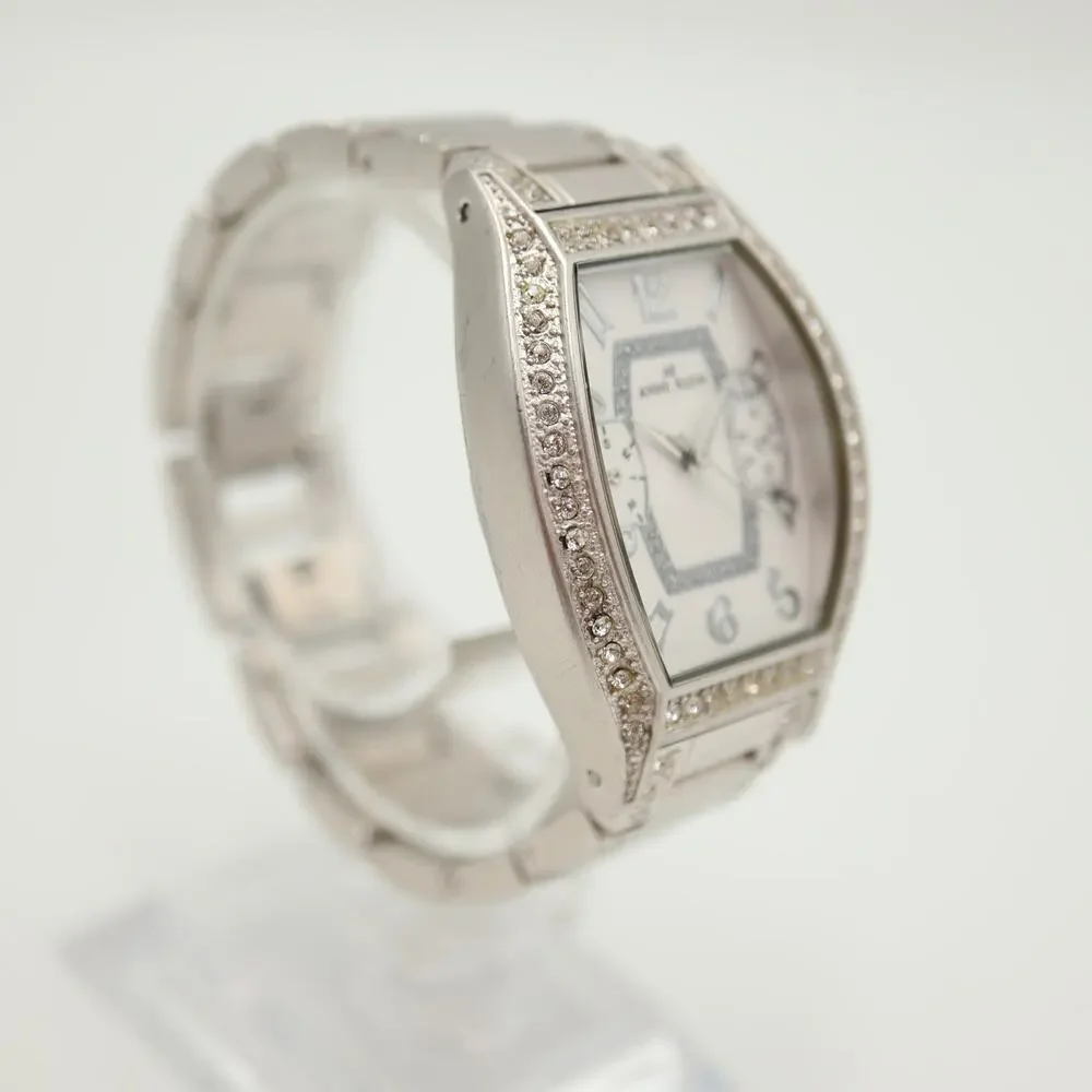 Anne Klein 31mm Barrel Silver Tone Womens Watch Day Date Bracelet w New Battery